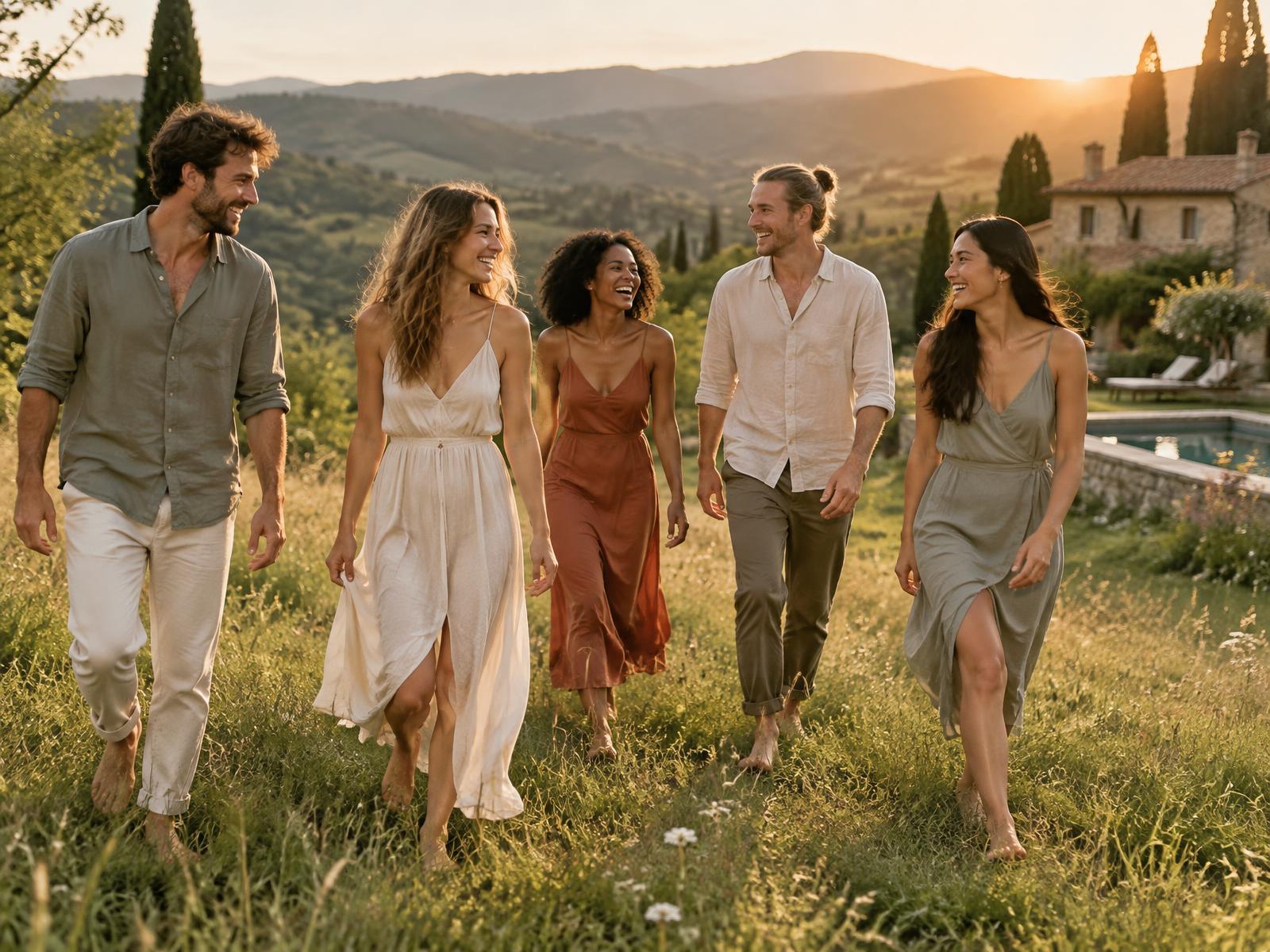 Retreat guests walking together through a meadow at sunset