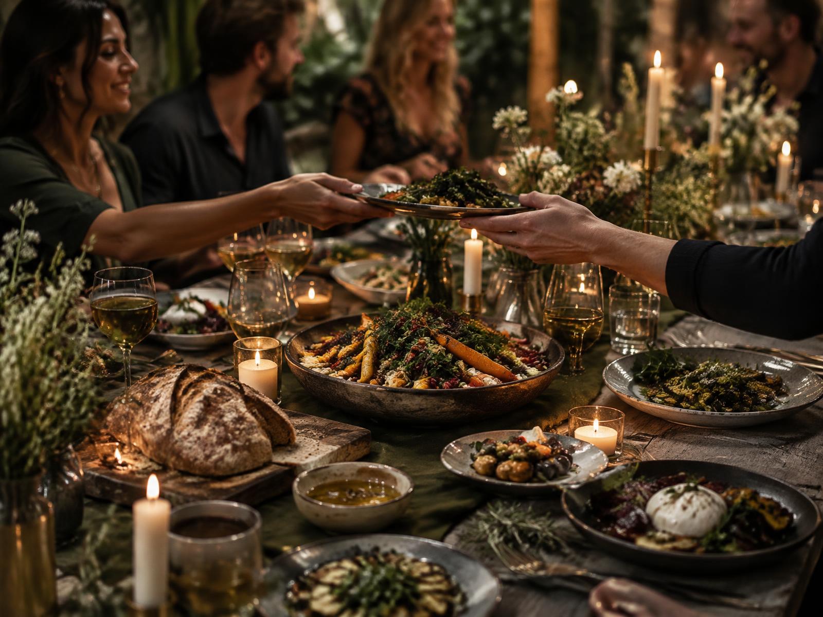 Guests sharing a beautiful candlelit seasonal feast