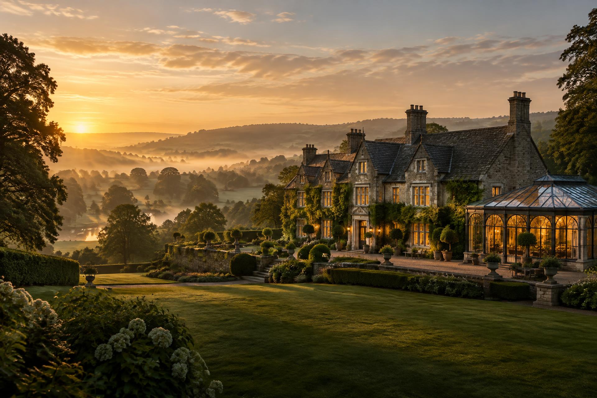 An elegant countryside manor at golden dawn