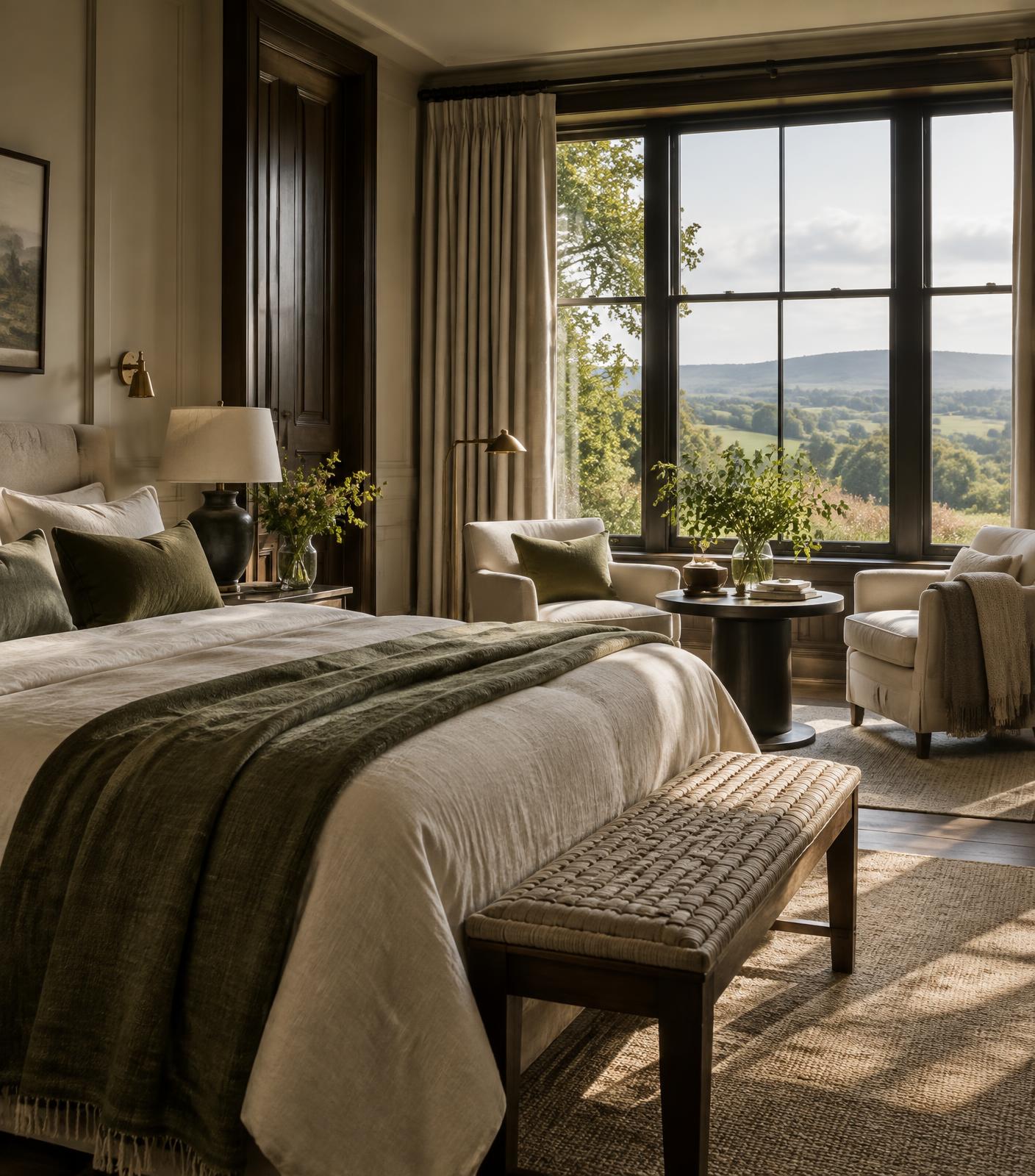 A calm, luxurious retreat bedroom overlooking green hills